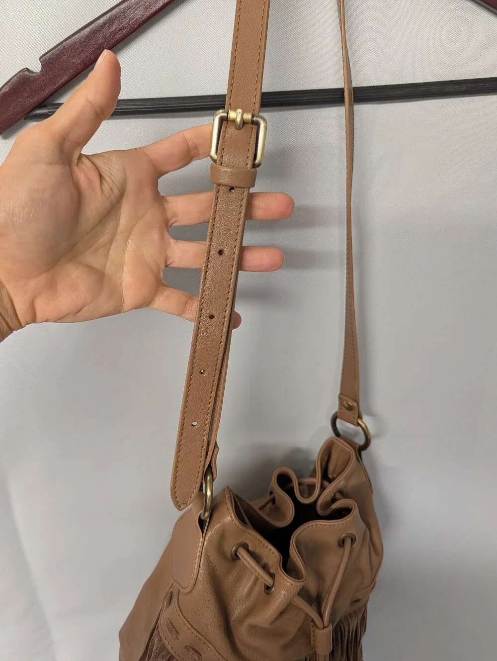 Johnny Was ITALIAN LEATHER FRINGE BUCKET BAG Fringe Drawstring Shoulder Purse